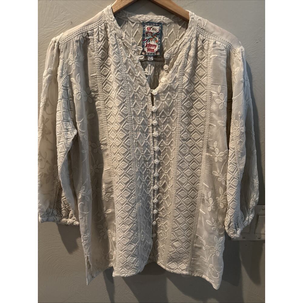 Johnny Was‎ Bohemian Embroidered Long Roll Tab Sleeve Tunic Top,Cream,S,flouncy